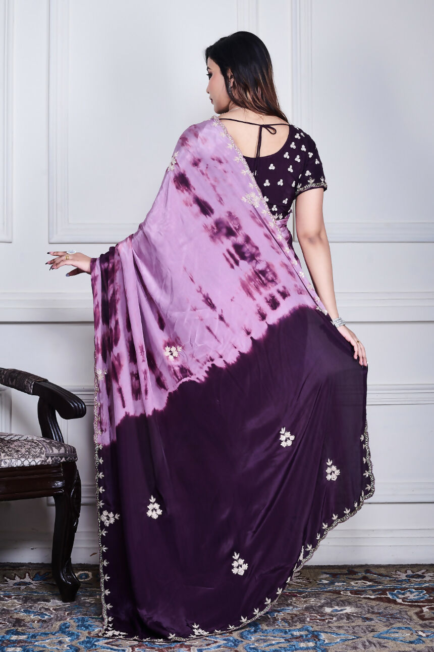 Morchari Wine Crepe Hand Embroidery Saree And Stitched Blouse | Grocsy