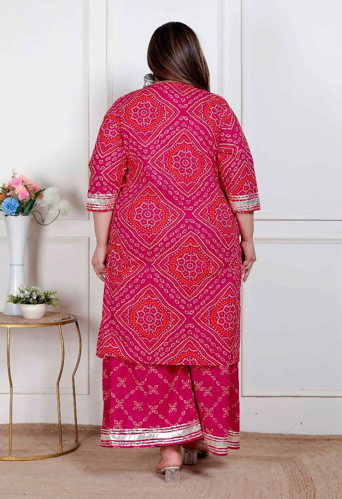 Miravan Plus Size Women'S Pink Bandhani Printed Straight Kurta With Palazzo & Dupatta | Grocsy