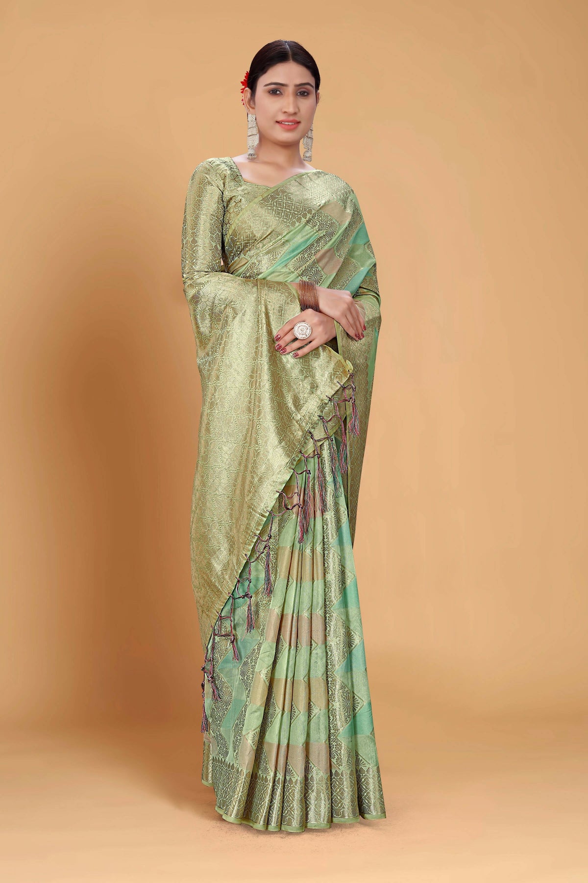 Sea Green Soft Organza Woven Design Saree With Unstitched Blouse Piece - Zaara | Grocsy