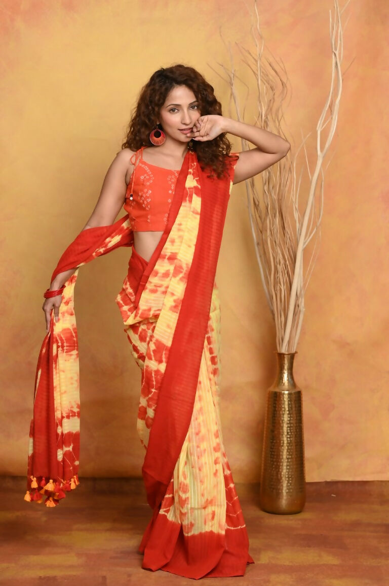 Very Much Indian Tie & Dye Handloom Mul Cotton Saree - Yellow Red | Grocsy