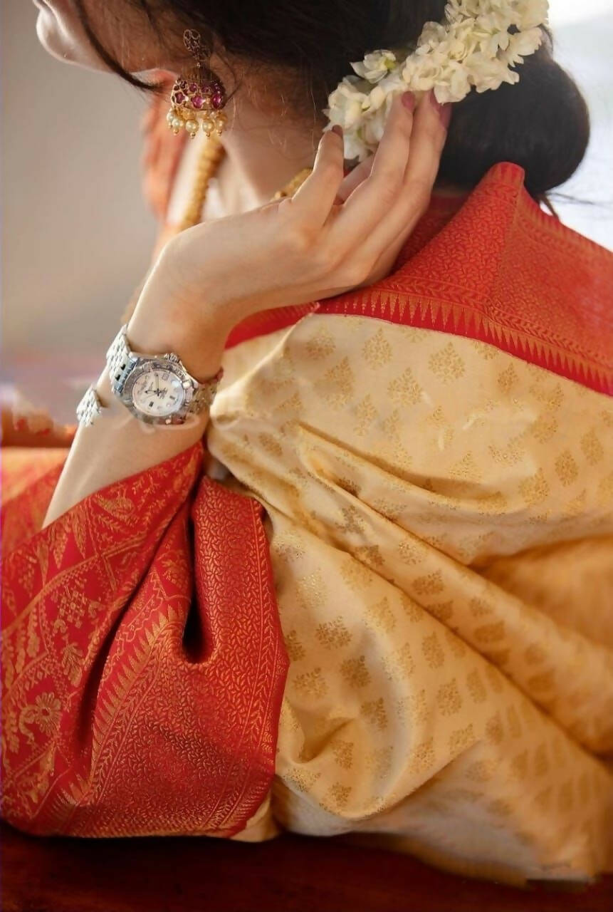 DEIANA'S Beautiful Designer Golden zari Soft Lichi Silk Saree - White | Grocsy