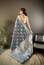 Joban Fashion Grey Floral Motifs Soft Silk Banarasi Saree | Grocsy