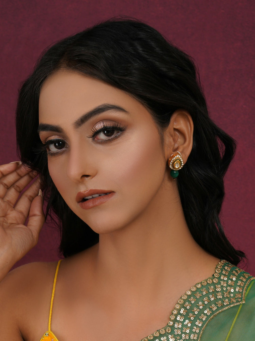 Emerald Stone Kundan Studs (Gold) - Ruby Raang