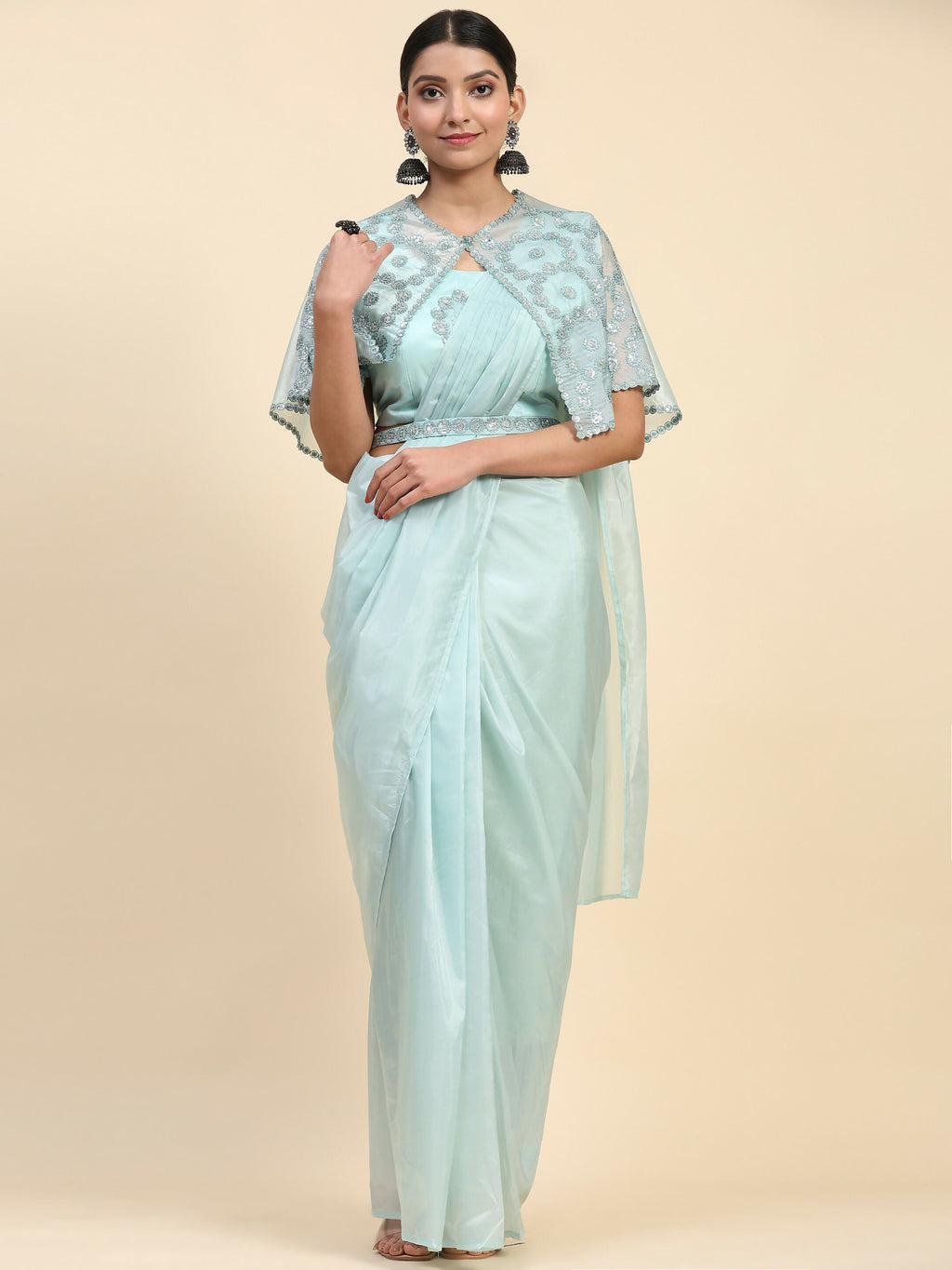 Blue Satin Solid Ready to wear Saree with stitched Blouse - Vanita | Grocsy