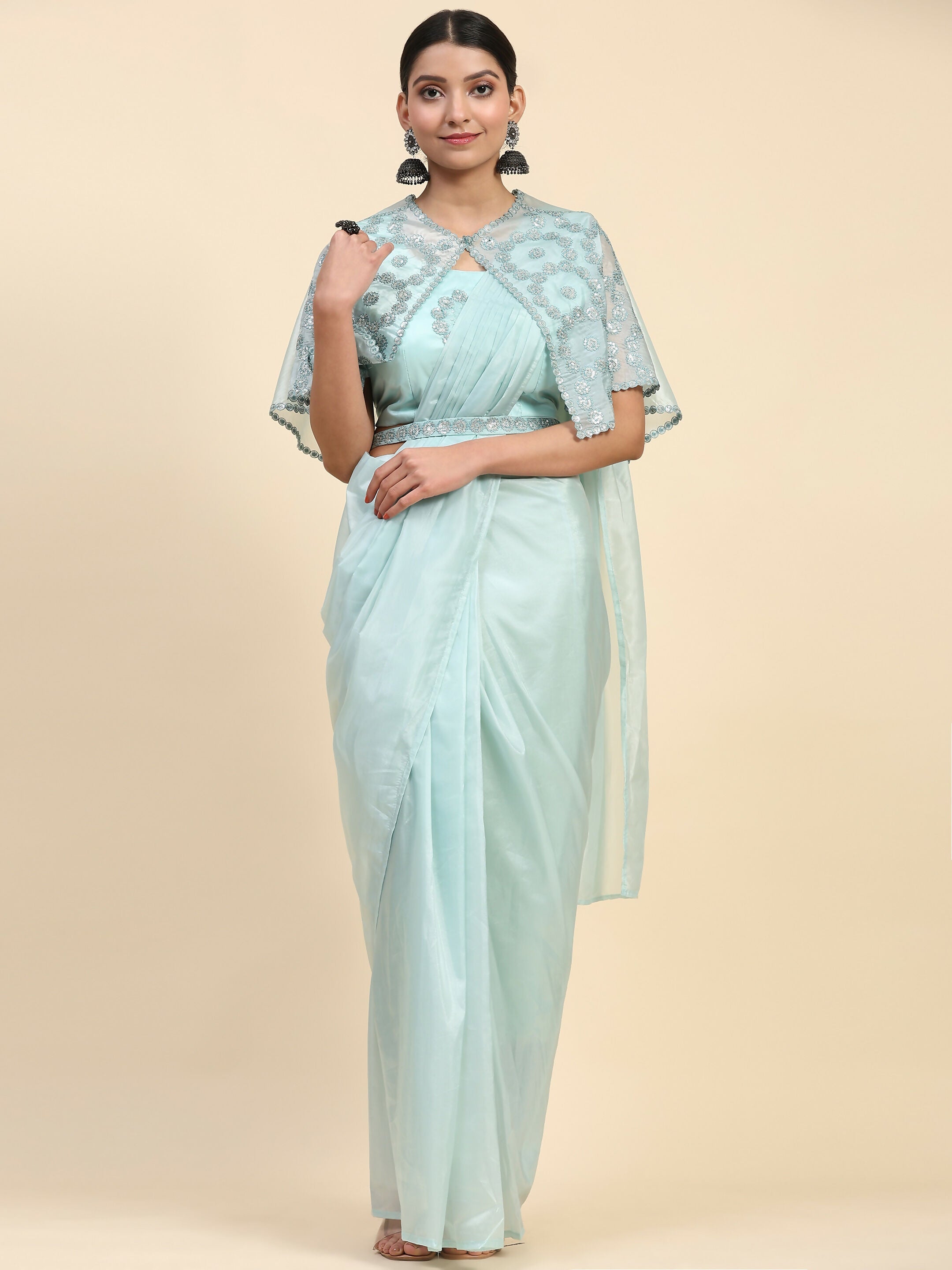 Blue Satin Solid Ready to wear Saree with stitched Blouse - Vanita | Grocsy