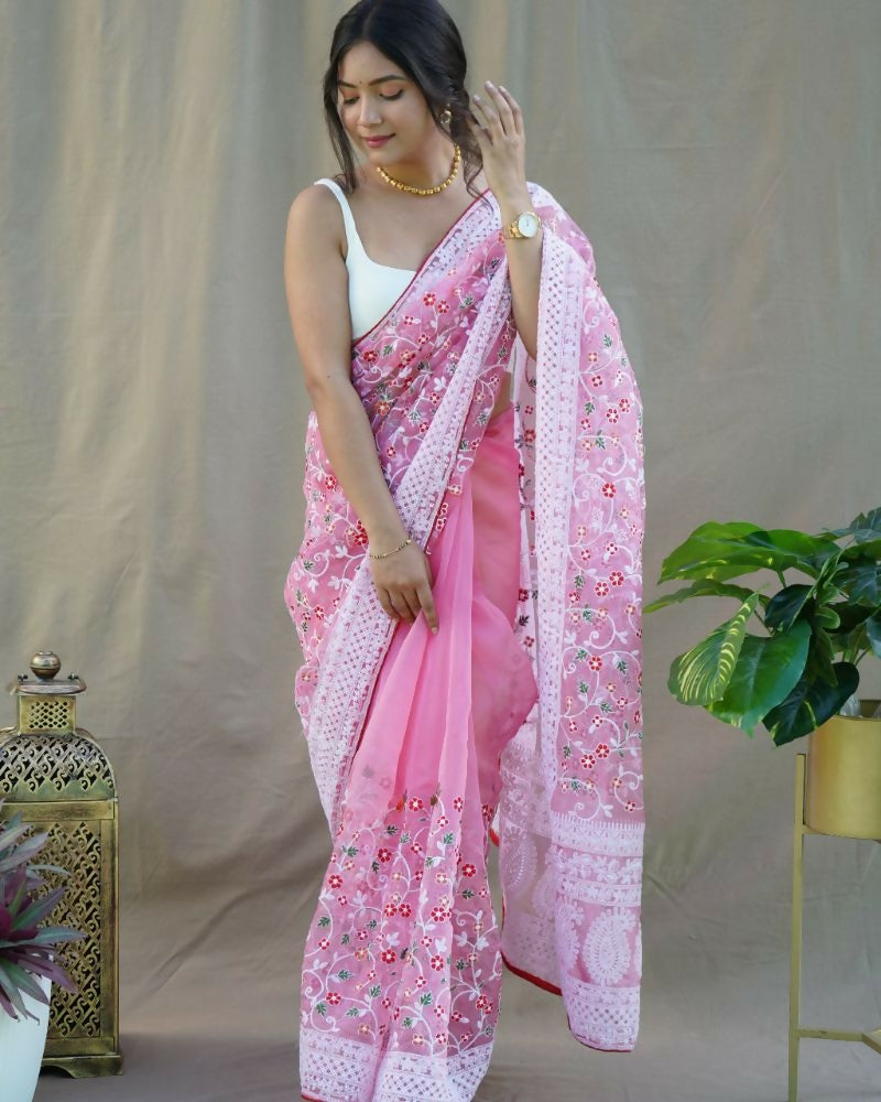 Vamsee Sombi Box Pink Organza Saree | Grocsy