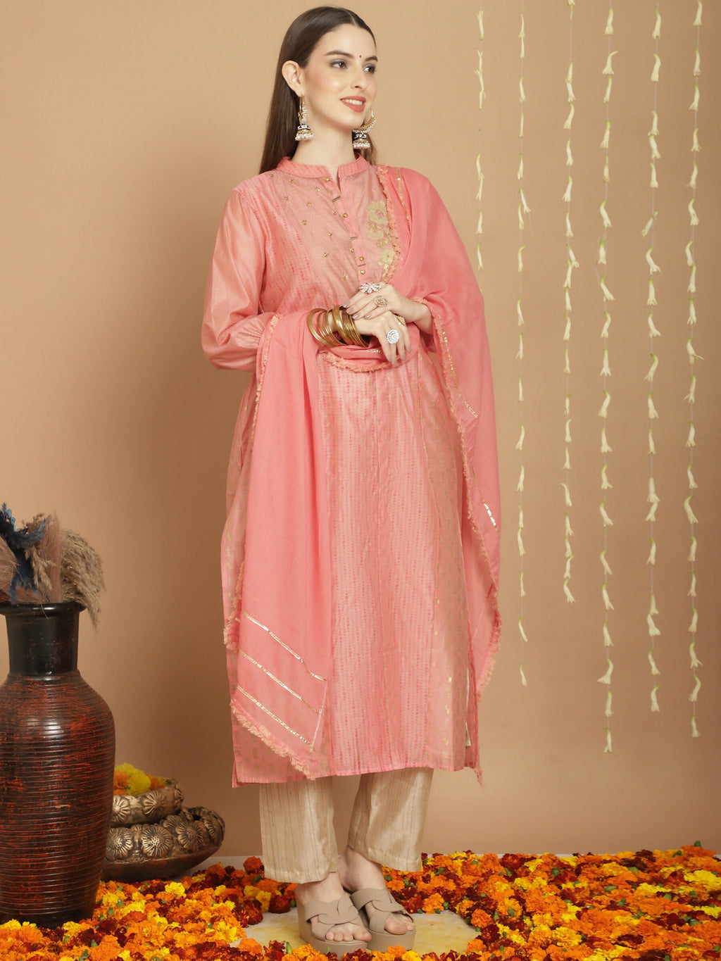 Jyoti Fashion Women's Peach Chanderi Silk Elegant Jardoshi Semi Kurta with Trouser & Dupatta | Grocsy