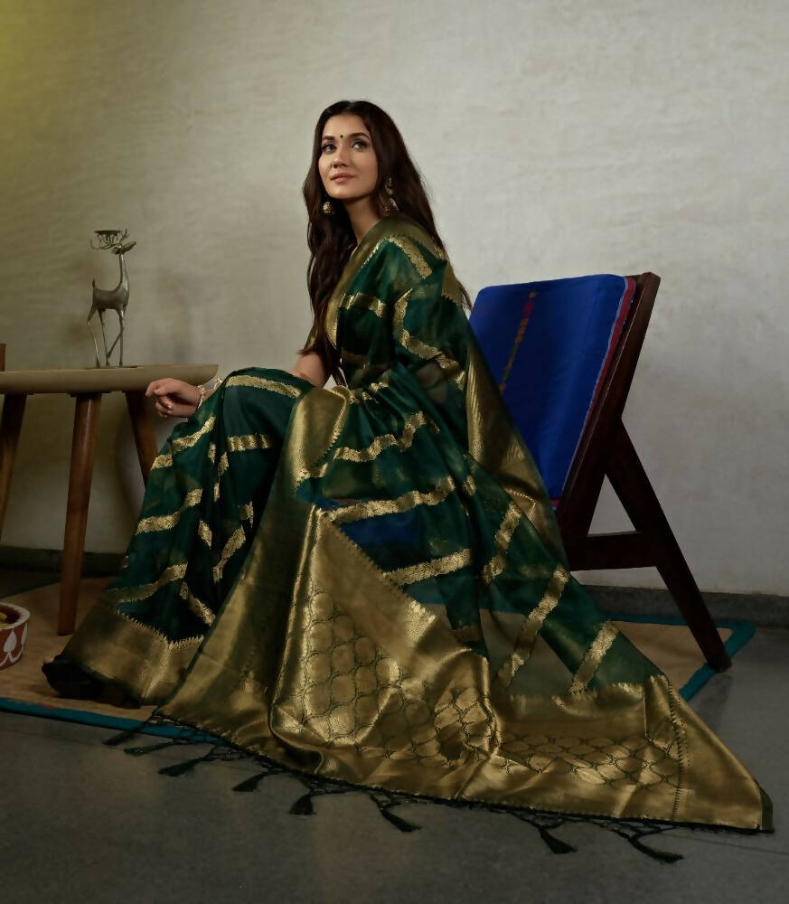 Glamorous Designer Stone Green Color Organza Silk Saree With Weaving Work - Yomika Fashions | Grocsy