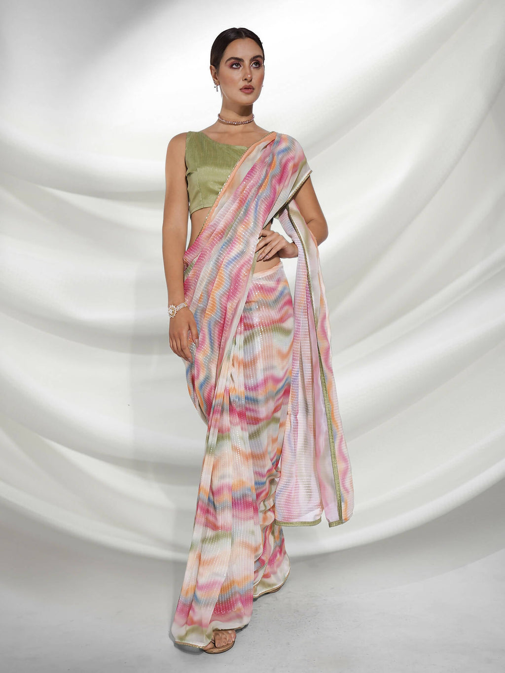 Pink Georgette Sequence Embroidery Saree With Unstitched Blouse Piece - Rajal | Grocsy