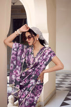 Vastranavya Grey Weightless Marble Printed & Pearl Lace Border Saree with Unstitched Blouse | Grocsy