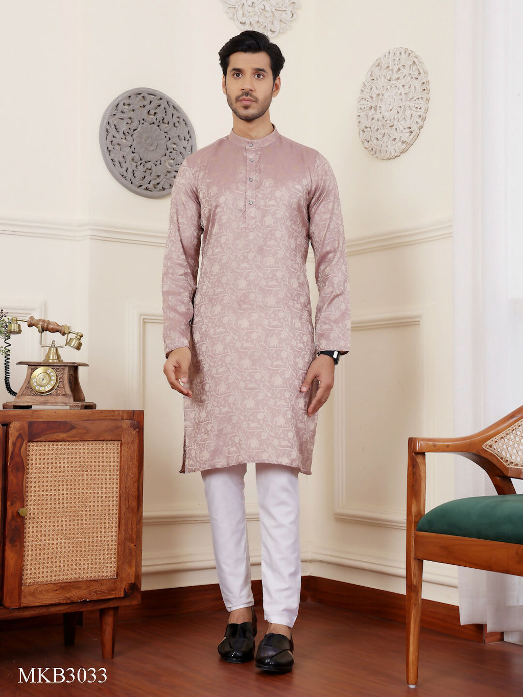 Mauve Modal Silk Wevon Designer Men's Rajwadi Kurta Set - Mahotsav | Grocsy