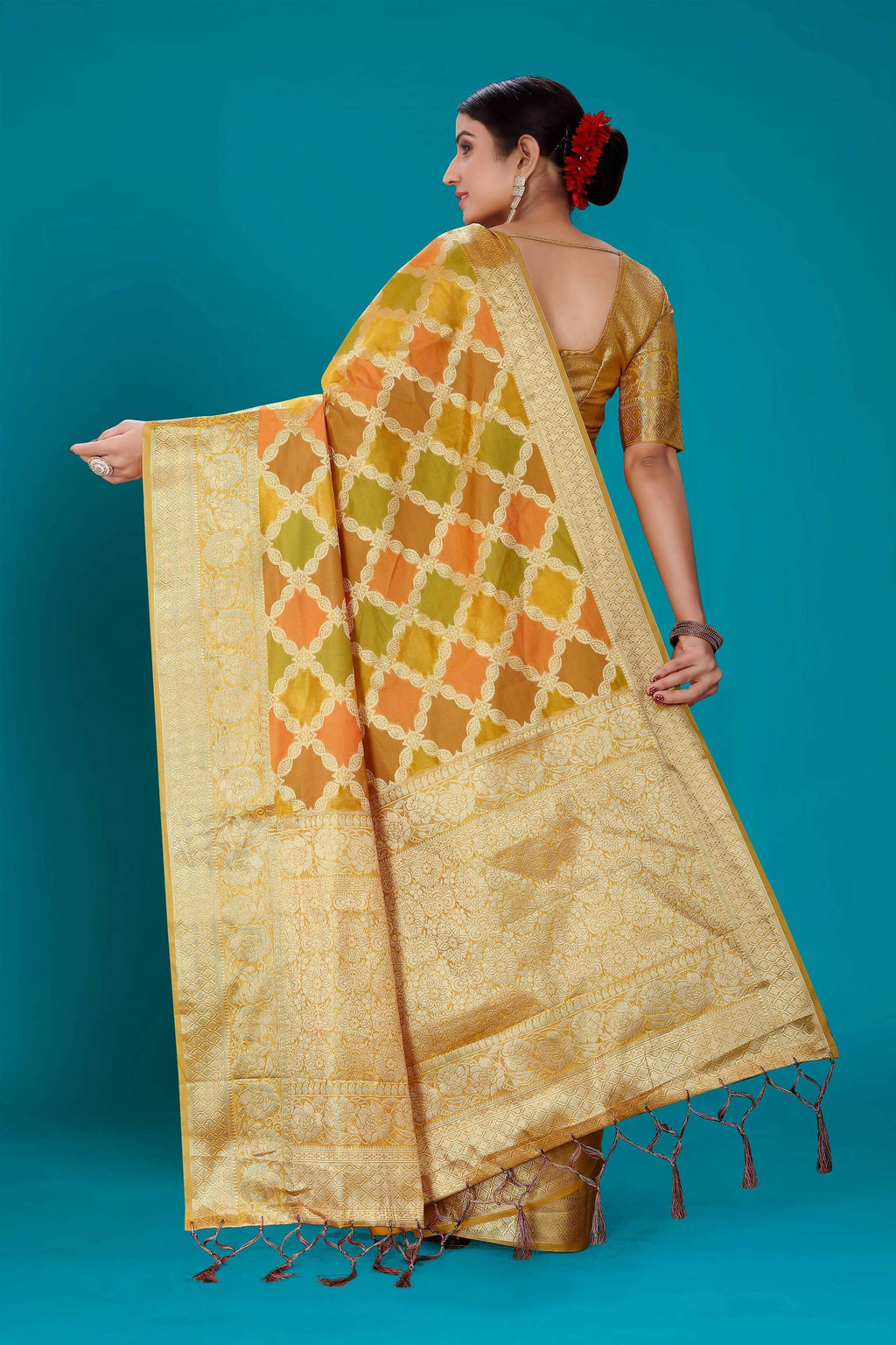 Mustard Soft Organza Woven Design Saree with Unstitched Blouse Piece - Zaara | Grocsy