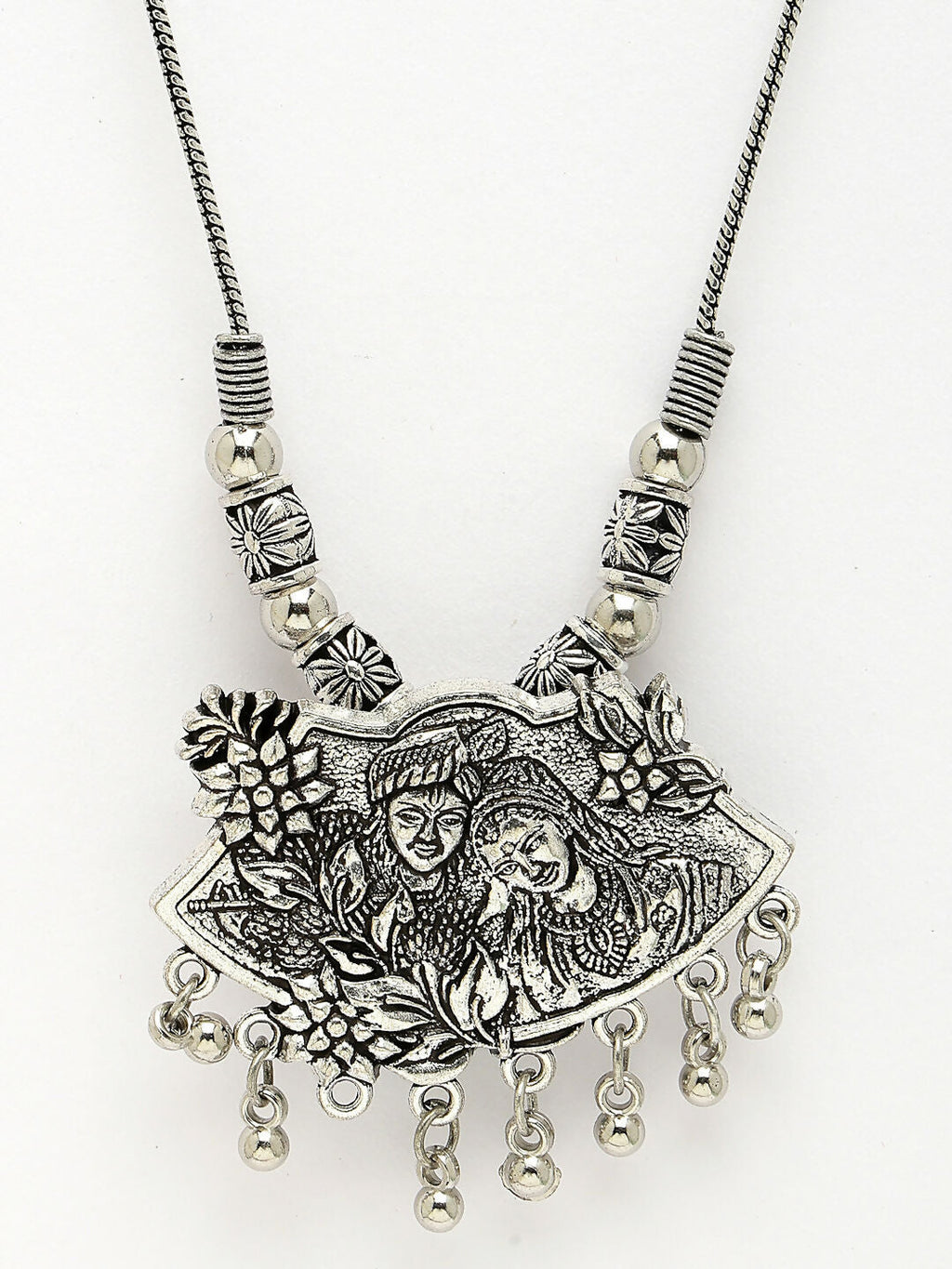 NVR Women's Silver-Toned Radha Krishna Pendant with Chain | Grocsy