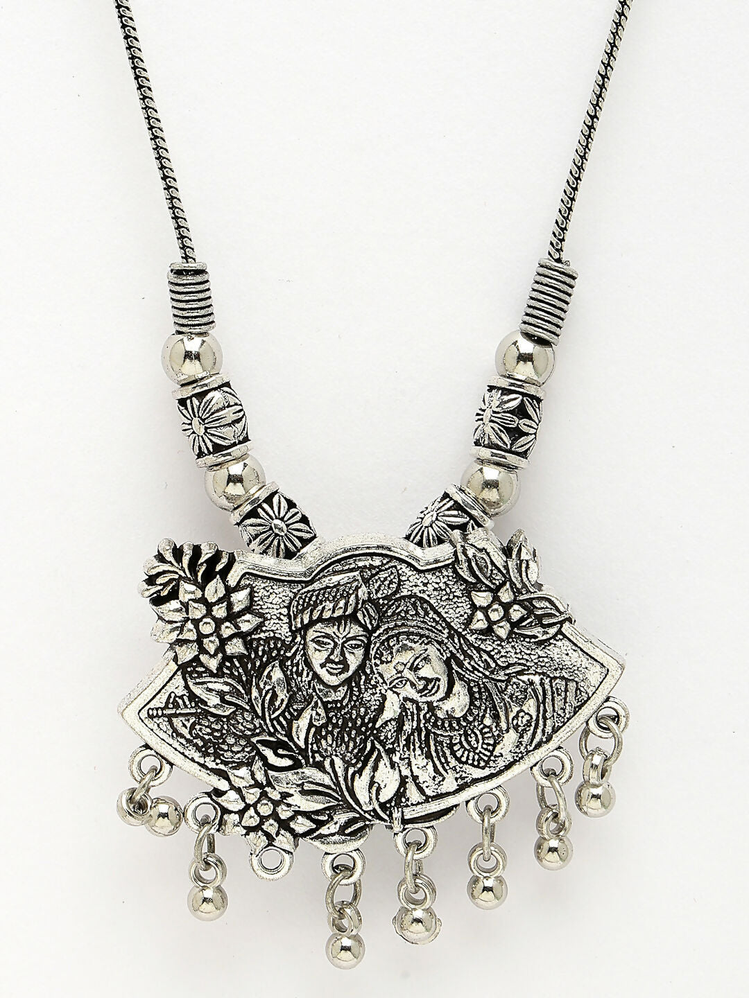 NVR Women's Silver-Toned Radha Krishna Pendant with Chain | Grocsy
