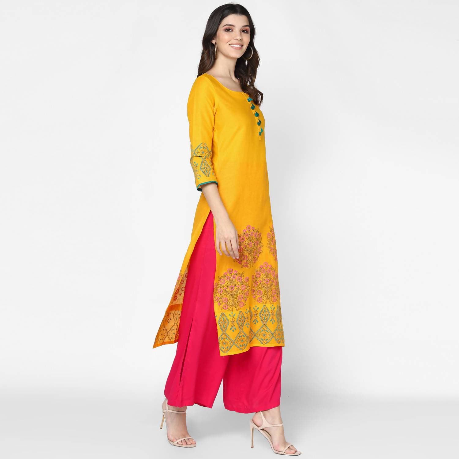 Cheera Hand Block Print Mustard & Magenta Straight Kurta With Palazzo (MAAI-078K) | Grocsy