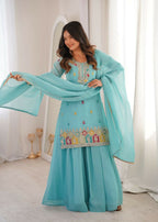 Teeya Creation Sky Blue Color Soft Crunchy Silk Party Wear Designer Sharara set | Grocsy