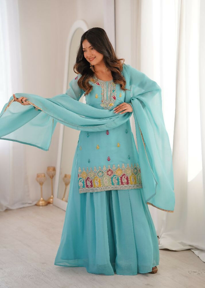 Teeya Creation Sky Blue Color Soft Crunchy Silk Party Wear Designer Sharara set | Grocsy