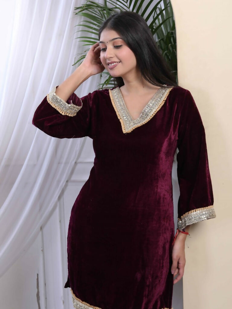 Miravan Women's Wine Embroidered Velvet Co-ord Set | Grocsy