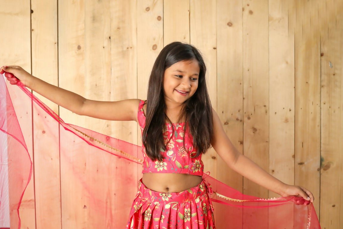 Aayaa Designer Printed Silk Embroidery Kids Lehenga Choli - Pink | Grocsy