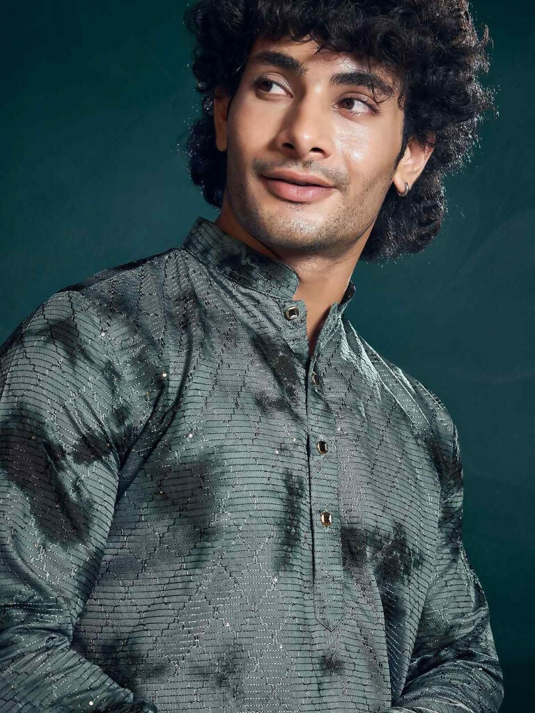 Grey Viscose Designer Sequance Embroidery Work Men's Kurta Set - Mahotsav | Grocsy