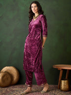 Sangria Embroidered Straight Velvet Kurta | Grocsy