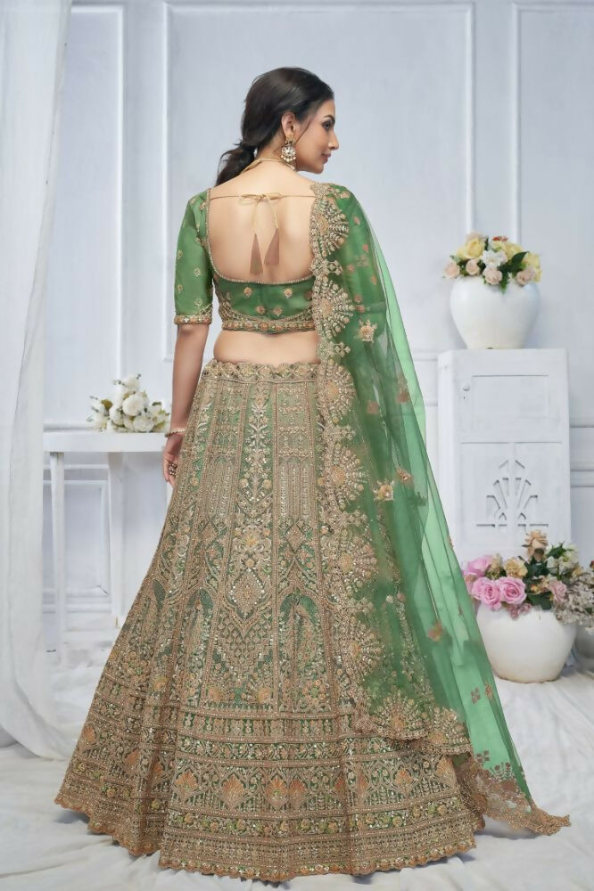 Kesar Fab Green Net Embroidered Lehenga | Grocsy