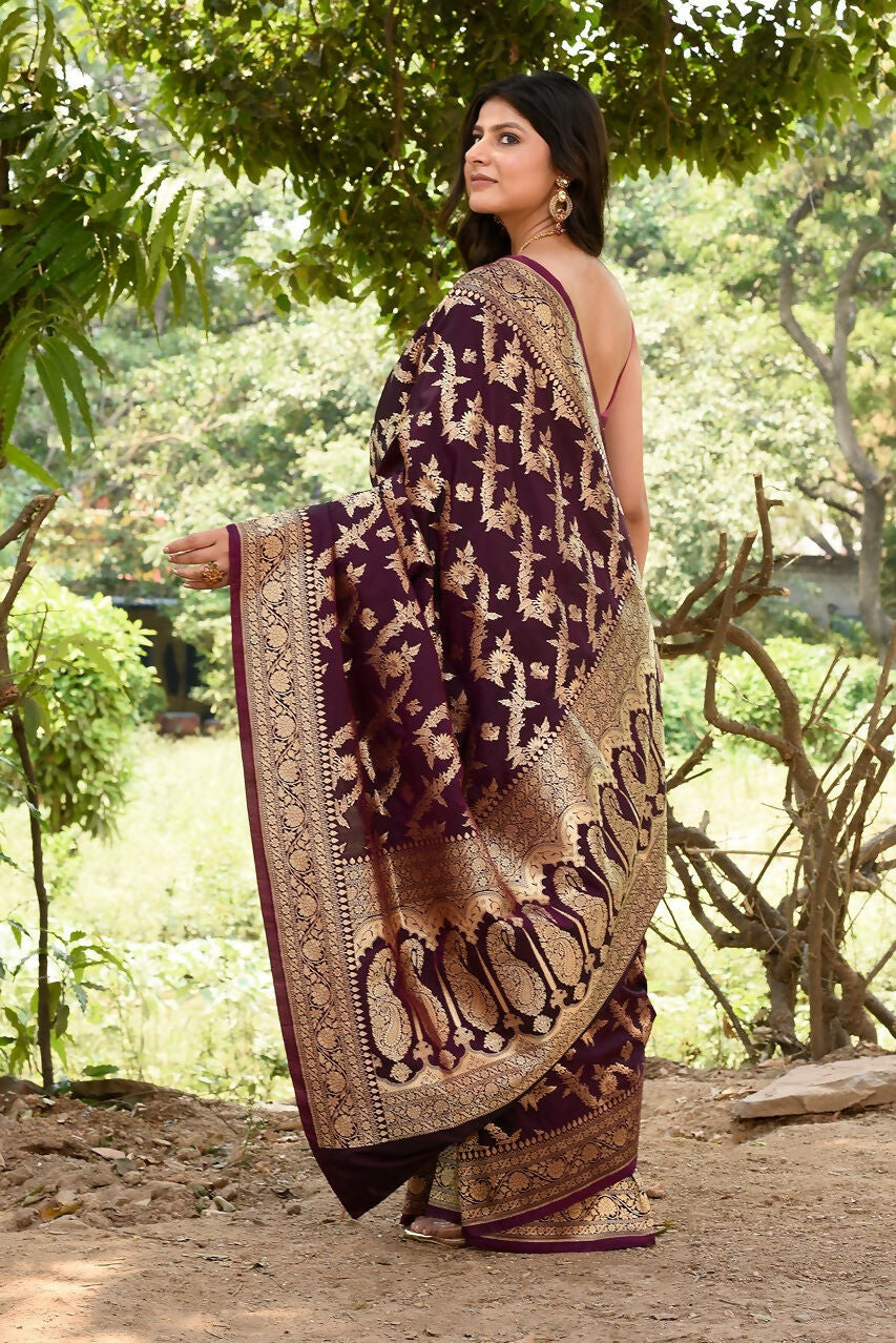 Joban Fashion Wine Banarasi Soft Pure Handloom Banarasi Silk Saree | Grocsy