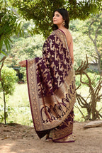 Joban Fashion Wine Banarasi Soft Pure Handloom Banarasi Silk Saree | Grocsy