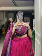 Vastranavya Kashmiri Print With Foil Print Lehenga with Unstitched Printed Blouse - Pink | Grocsy