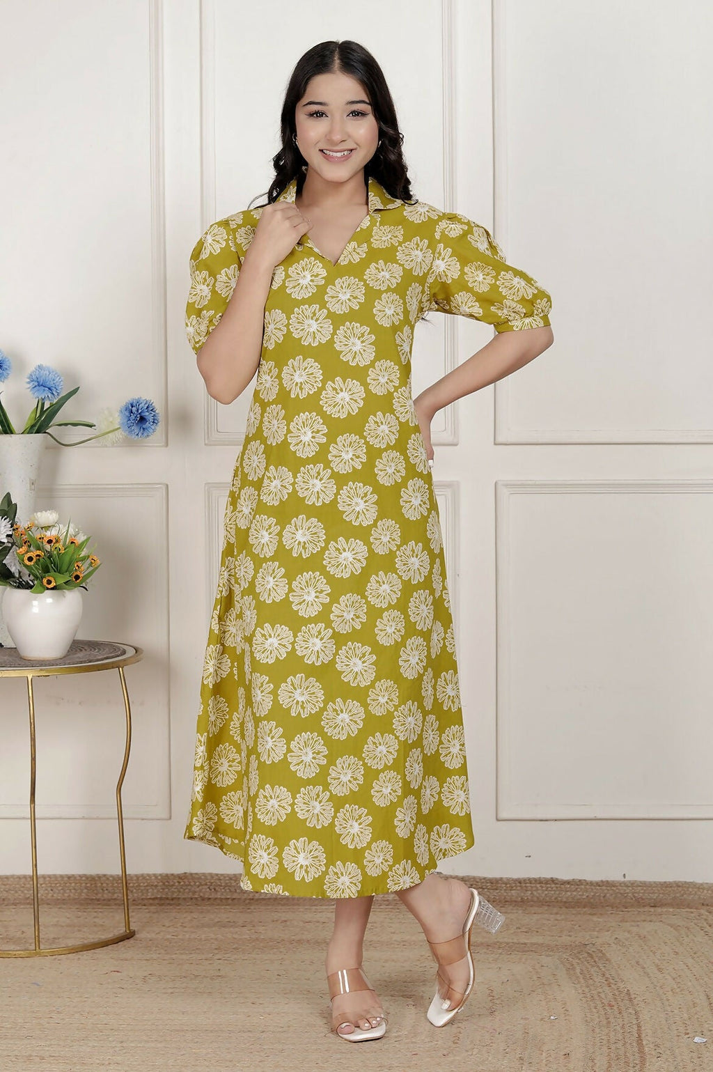 Miravan Women'S Yellow Printed Puff Sleeve Floral Maxi Party Dress | Grocsy