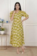 Miravan Women'S Yellow Printed Puff Sleeve Floral Maxi Party Dress | Grocsy