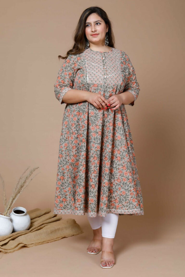 Miravan Women's Plus Size Camel Brown Gotta Patti Pure Cotton Anarkali Kurta | Grocsy
