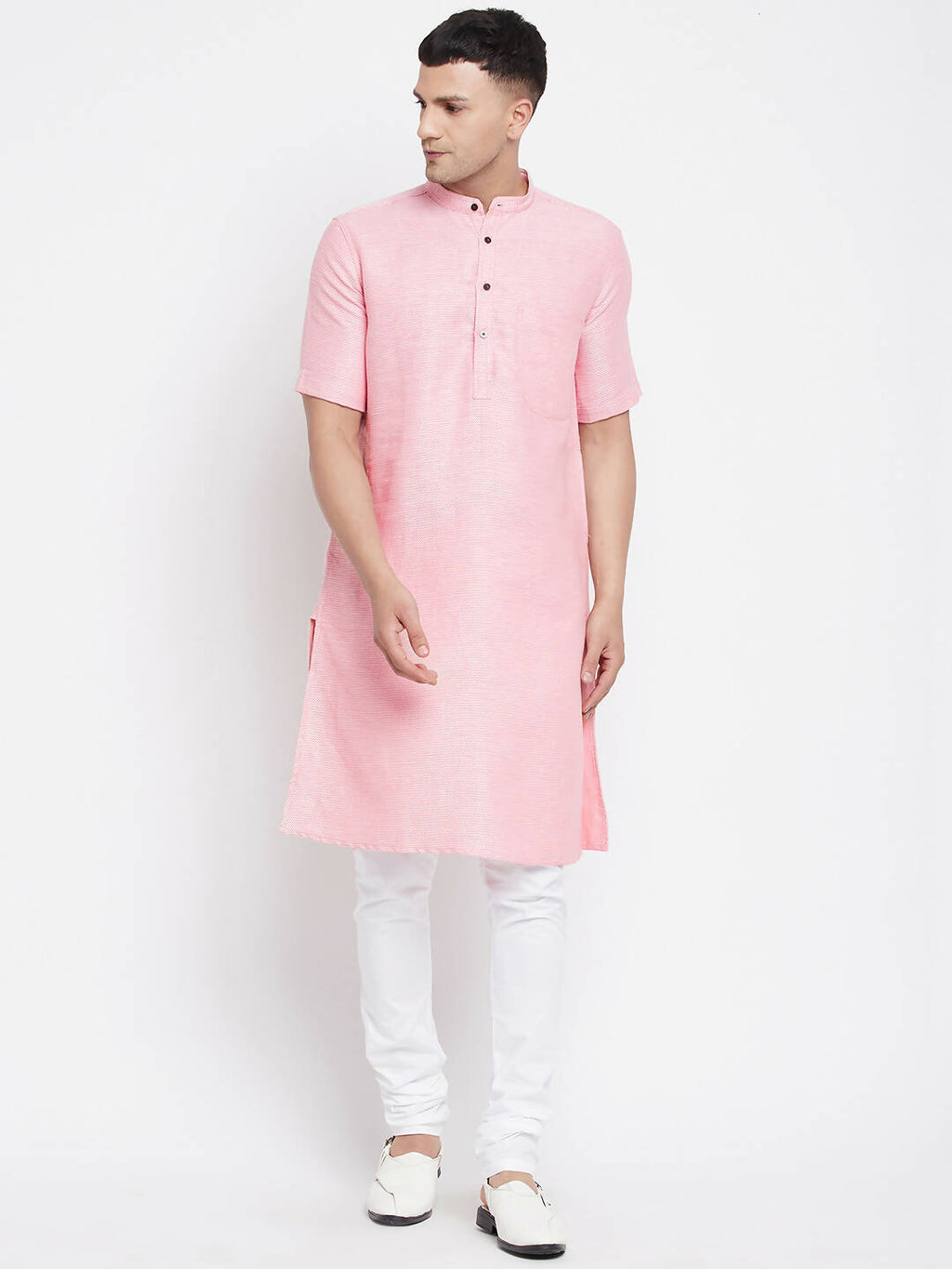 Even Apparels Pink Pure Cotton Men's H/S Kurta With Band Collar | Grocsy
