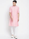 Even Apparels Pink Pure Cotton Men's H/S Kurta With Band Collar | Grocsy