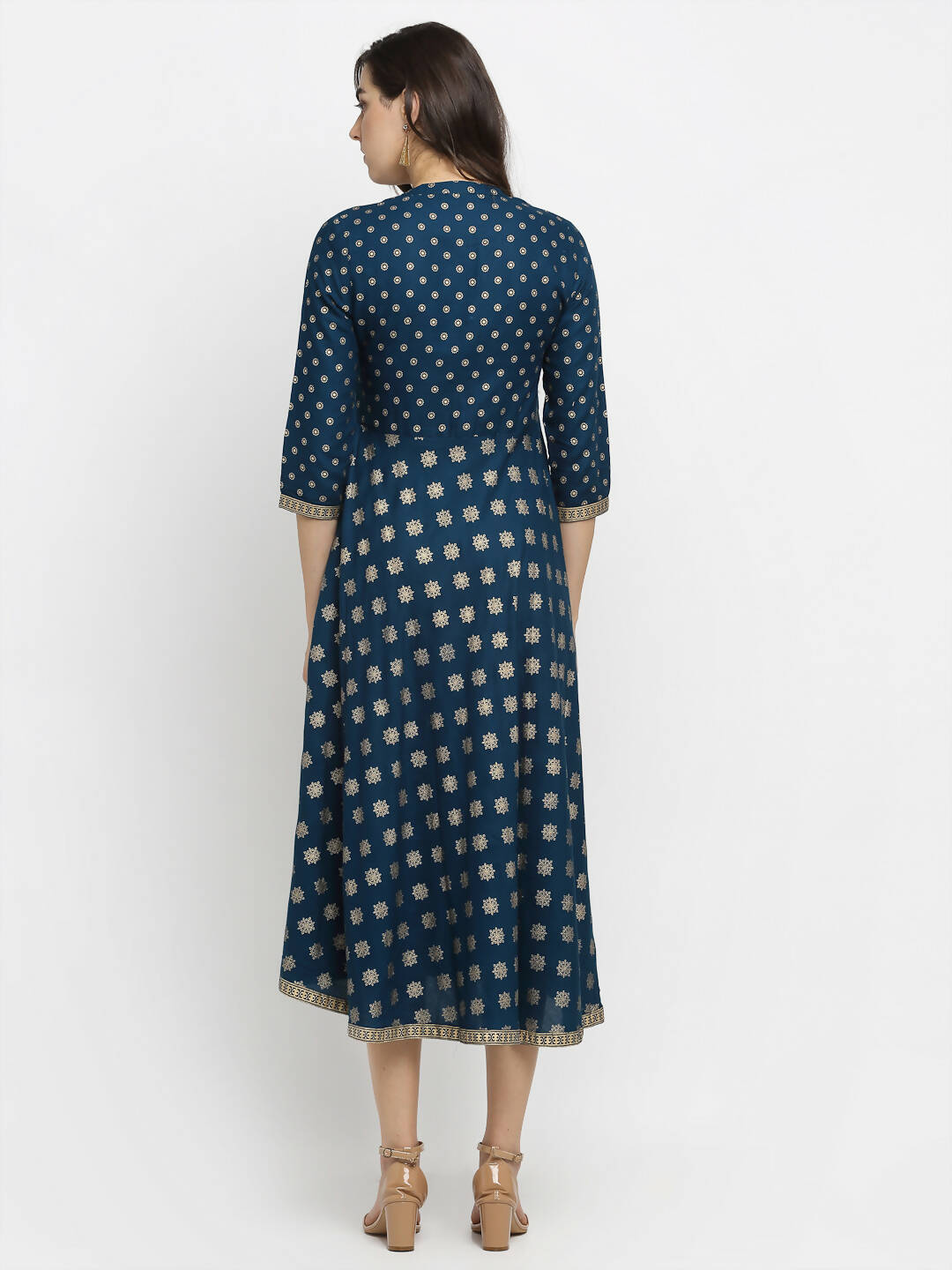 Rudra Bazaar A-Line Gold Floral Printed Turquoise Blue Kurti | Grocsy