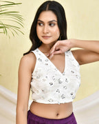 Amodini Designer Studio Floral White Sleeveless Padded Blouse | Grocsy
