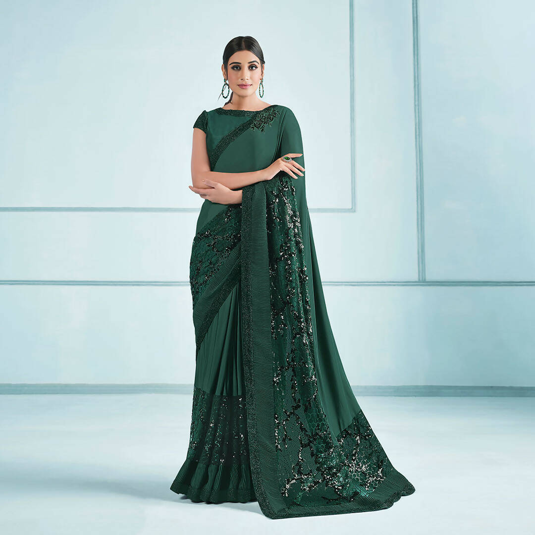 Green Lycra sequence Saree with Unstitched Blouse Piece - Norita Elaura | Grocsy