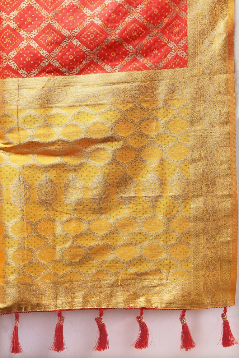 Vastranavya Red Soft Patola Silk With Meenakari Weaving Motifs And Rich Zari Weaving Pallu Saree With Matching Blouse Fabric | Grocsy