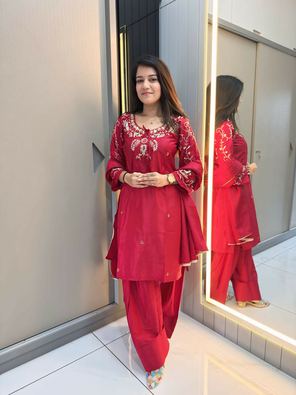 Anaita Red Crape Readymade Kurti Set with Beads Sequence Work | Grocsy