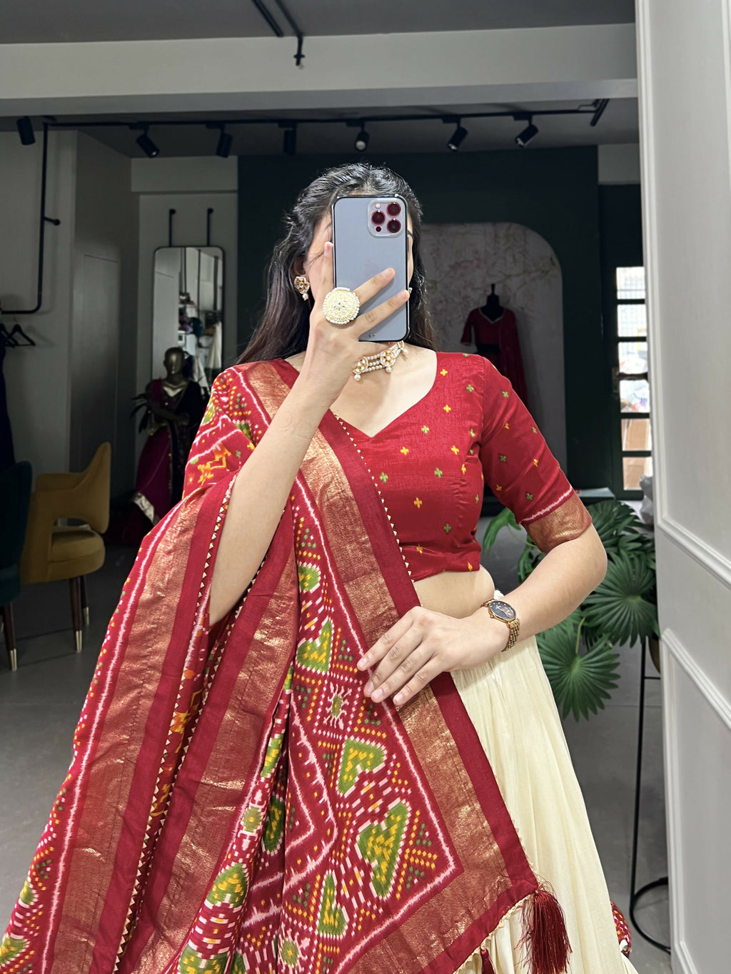 Lorenvalley Offwhite and Red Tussar Silk Patola Print Lehenga Choli | Grocsy