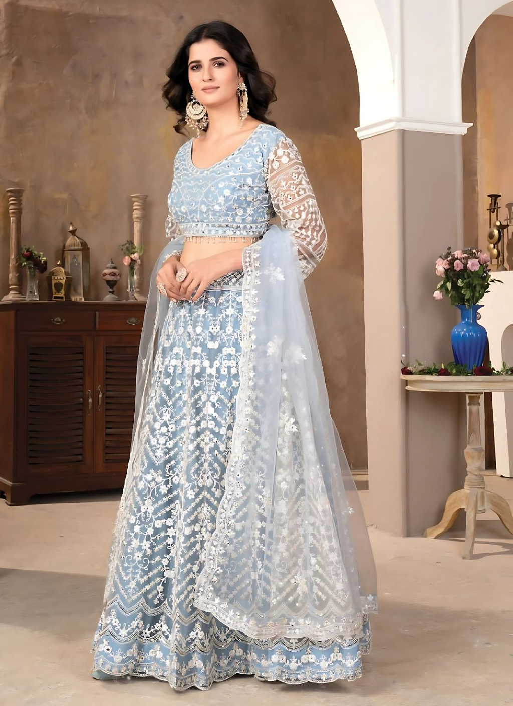 Lehenga Mart Designer Wedding Lehenga Choli For Women - Sky Blue | Grocsy