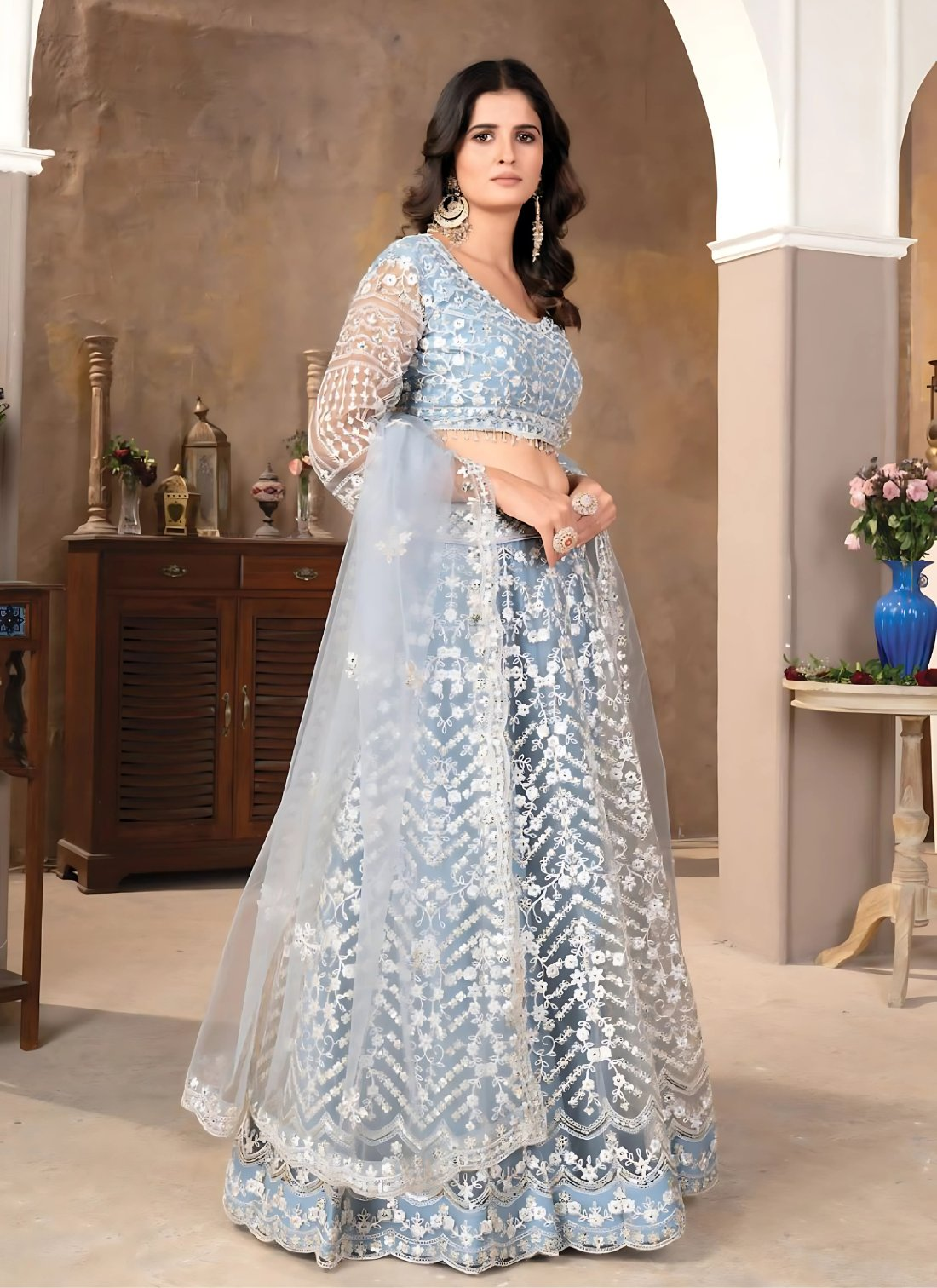 Lehenga Mart Designer Wedding Lehenga Choli For Women - Sky Blue | Grocsy