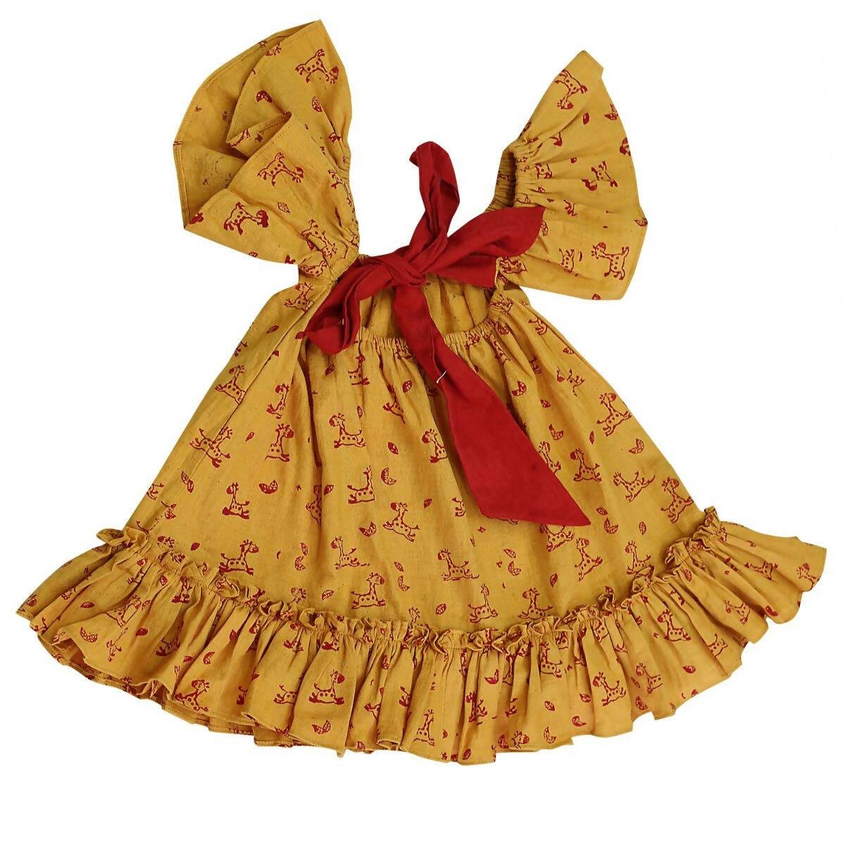 Mhyssa Half Frill Sleeves Square Neck Yellow Block Printed Frock | Grocsy