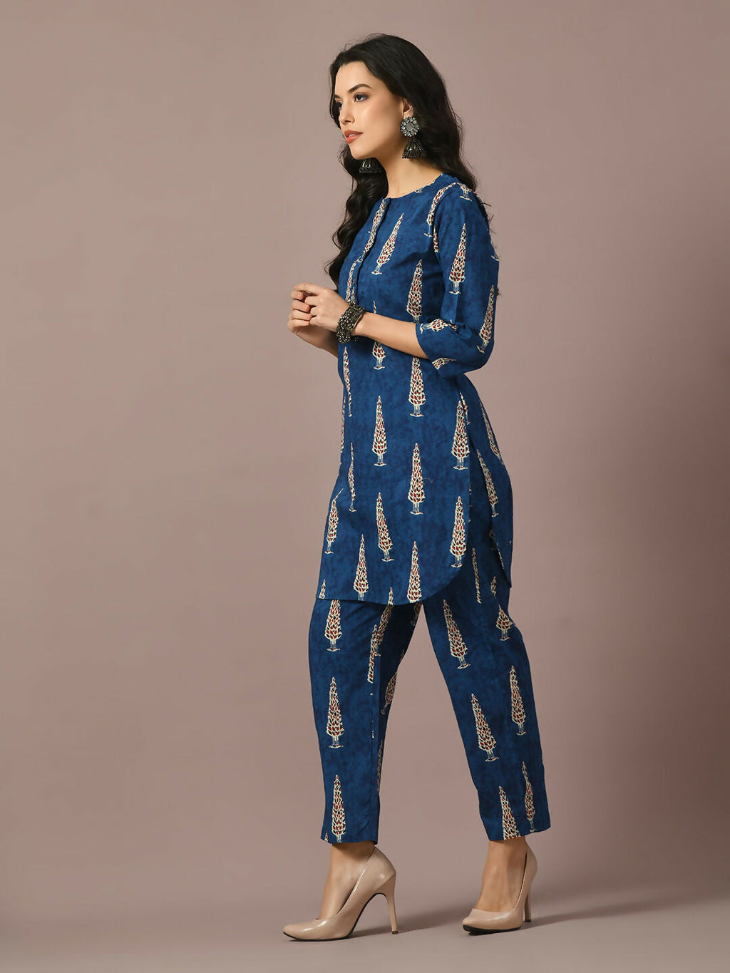 Myshka Women's Blue Printed Cotton Round Neck Party Tunic With Trousers Co-ord set | Grocsy