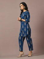 Myshka Women's Blue Printed Cotton Round Neck Party Tunic With Trousers Co-ord set | Grocsy