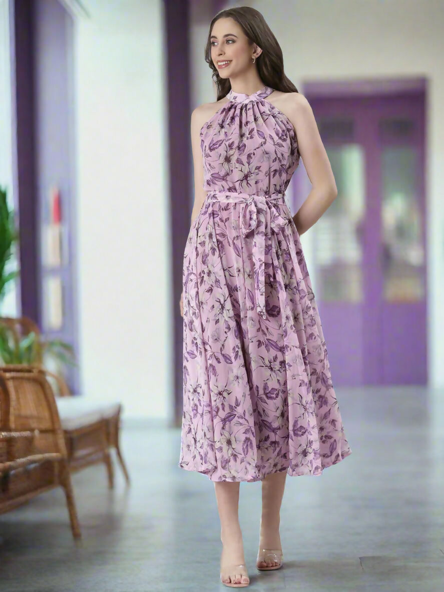 Souchii Lavender Floral Chiffon Dress -Souchii | Grocsy