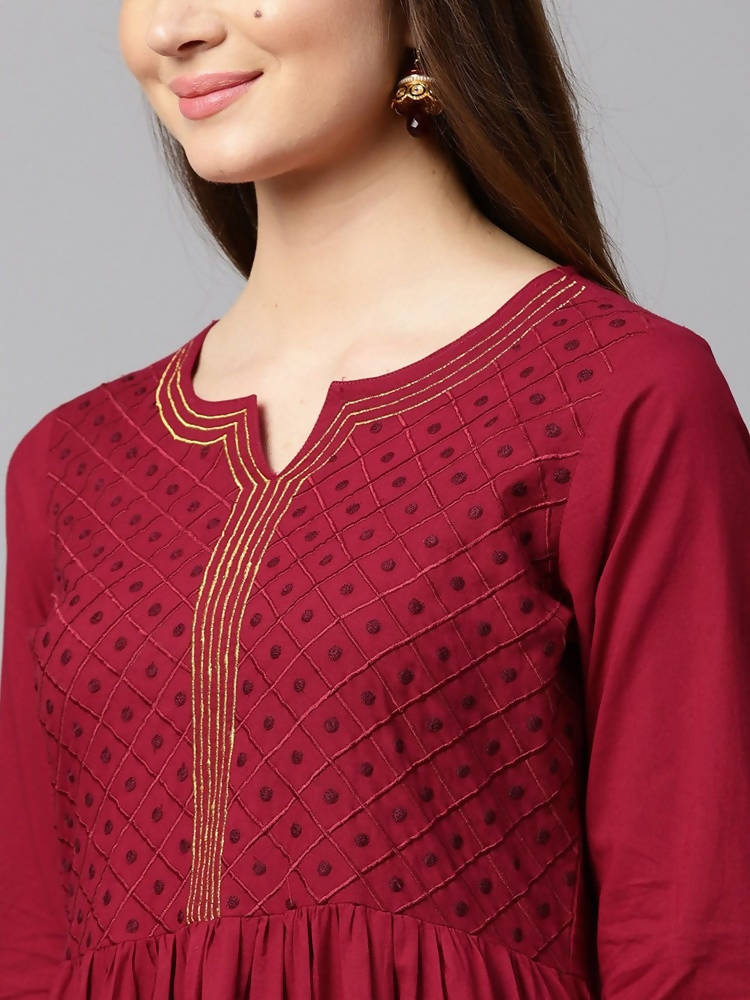 Yufta Women Maroon Embroidered Tiered Anarkali Kurta | Grocsy