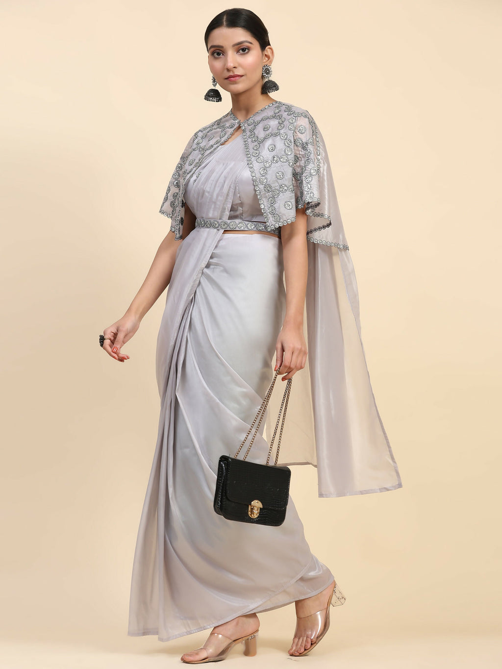 Grey Satin Solid Ready to wear Saree with stitched Blouse - Vanita | Grocsy