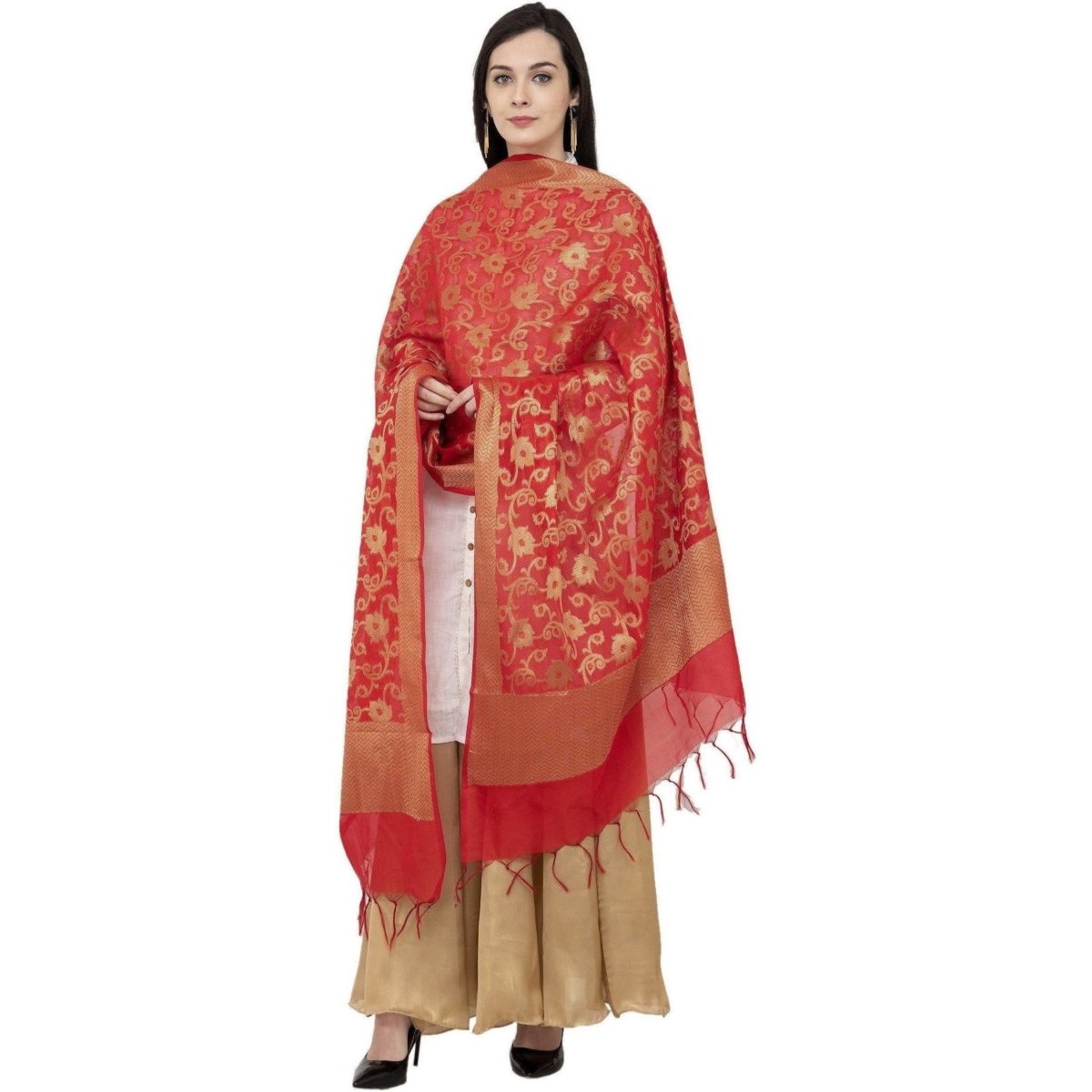 A R Silk VNS Jaal Fancy Dupatta Color Red Dupatta or Chunni | Grocsy