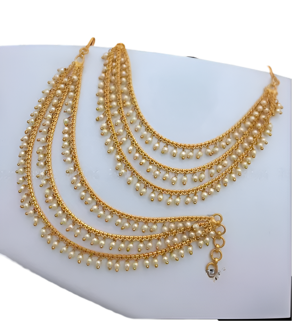 Jewel City Elegant Pearl Ear Chain Earrings Traditional Indian Bahubali Kaan Chain | Ethnic Handcrafted Gold-Plated Bridal Jewelry | Grocsy